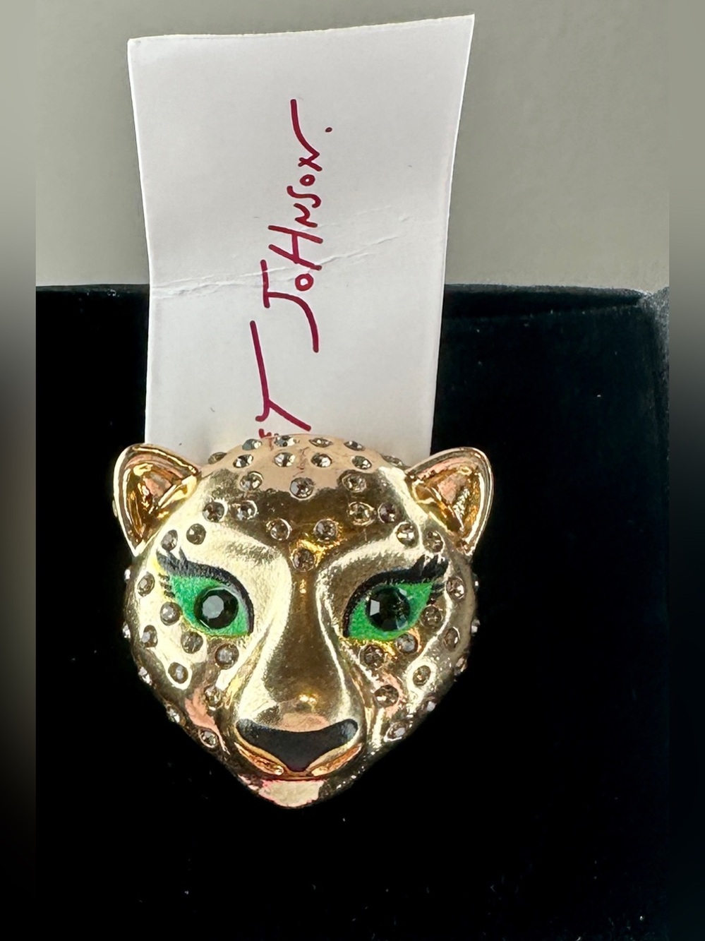 NWT Betsey Johnson Leopard Head Rhinestone Stretch Ring Green Eyes Gold